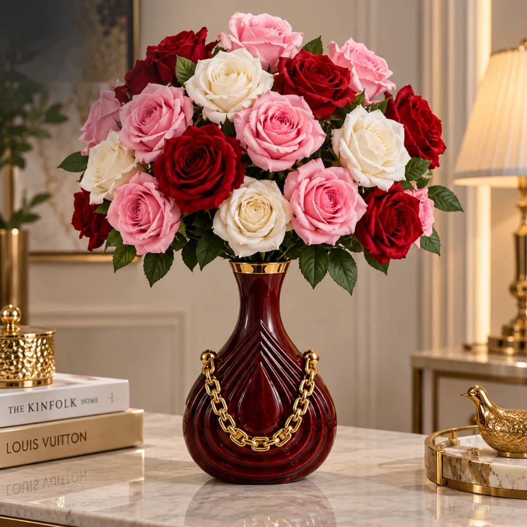 Vase Bordeaux Chaîne Dorée — Vase Fleur Céramique
