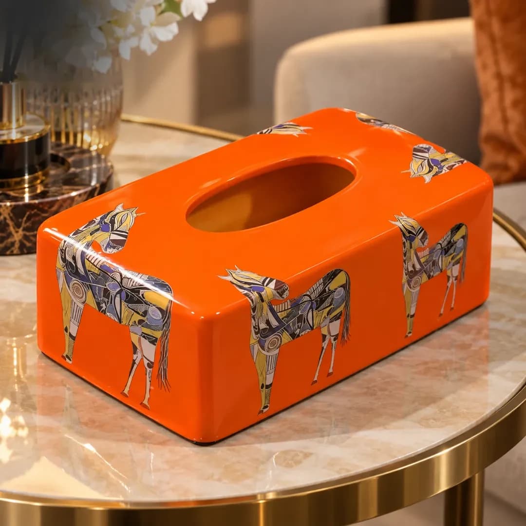 Boîte à Mouchoirs Céramique Hermès Orange — Motif Cheval Abstrait