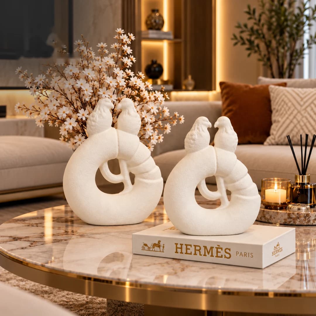 Sculpture Anneau Duo d'Oiseaux Grès Blanc — Vase Décoratif — Blanc