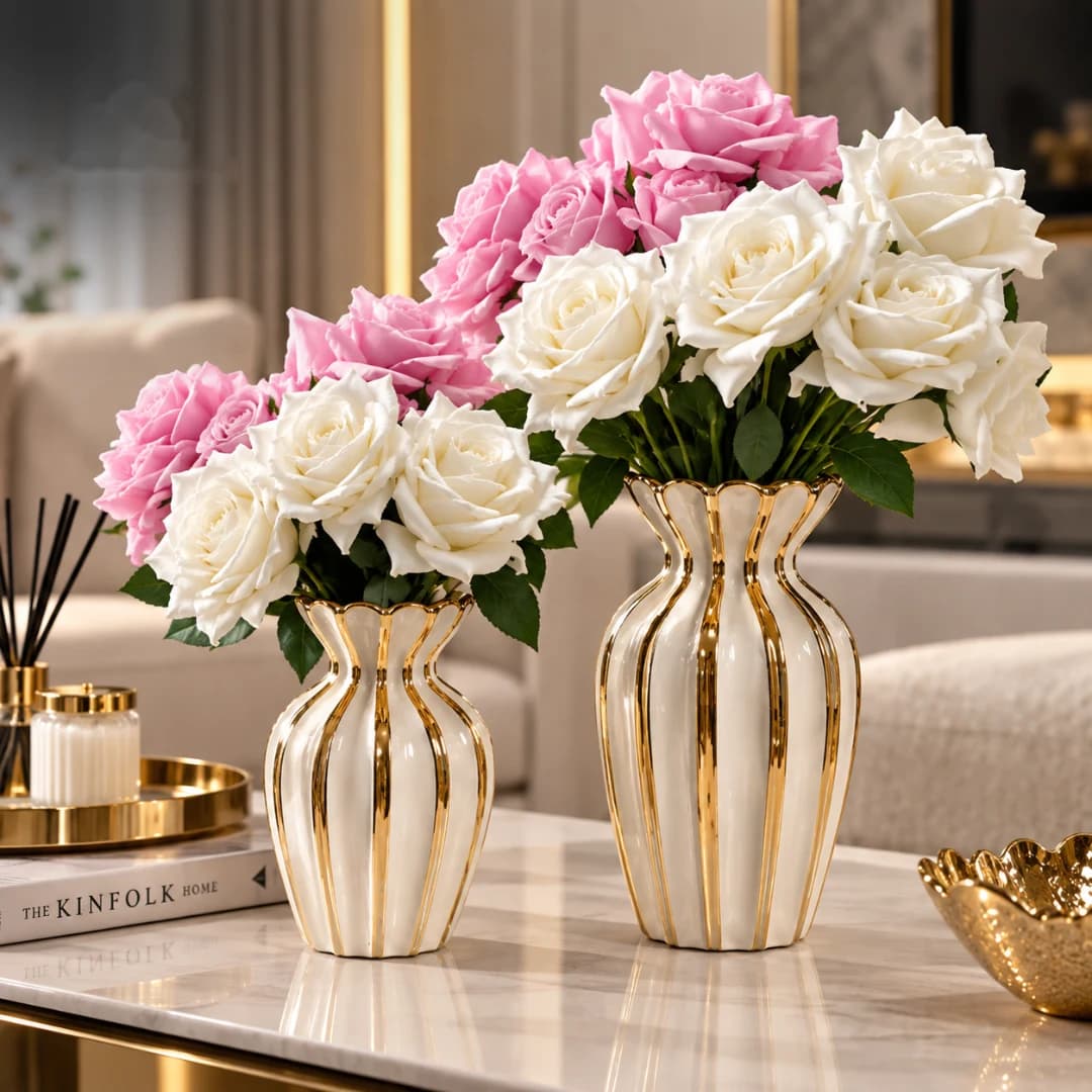 Duo Vases Tulipe Céramique Blanc & Or Côtelé — Grand