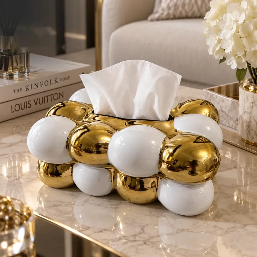 Boite a Mouchoirs Céramique Bulles Blanc & Or — Décoration — Blanc & Or