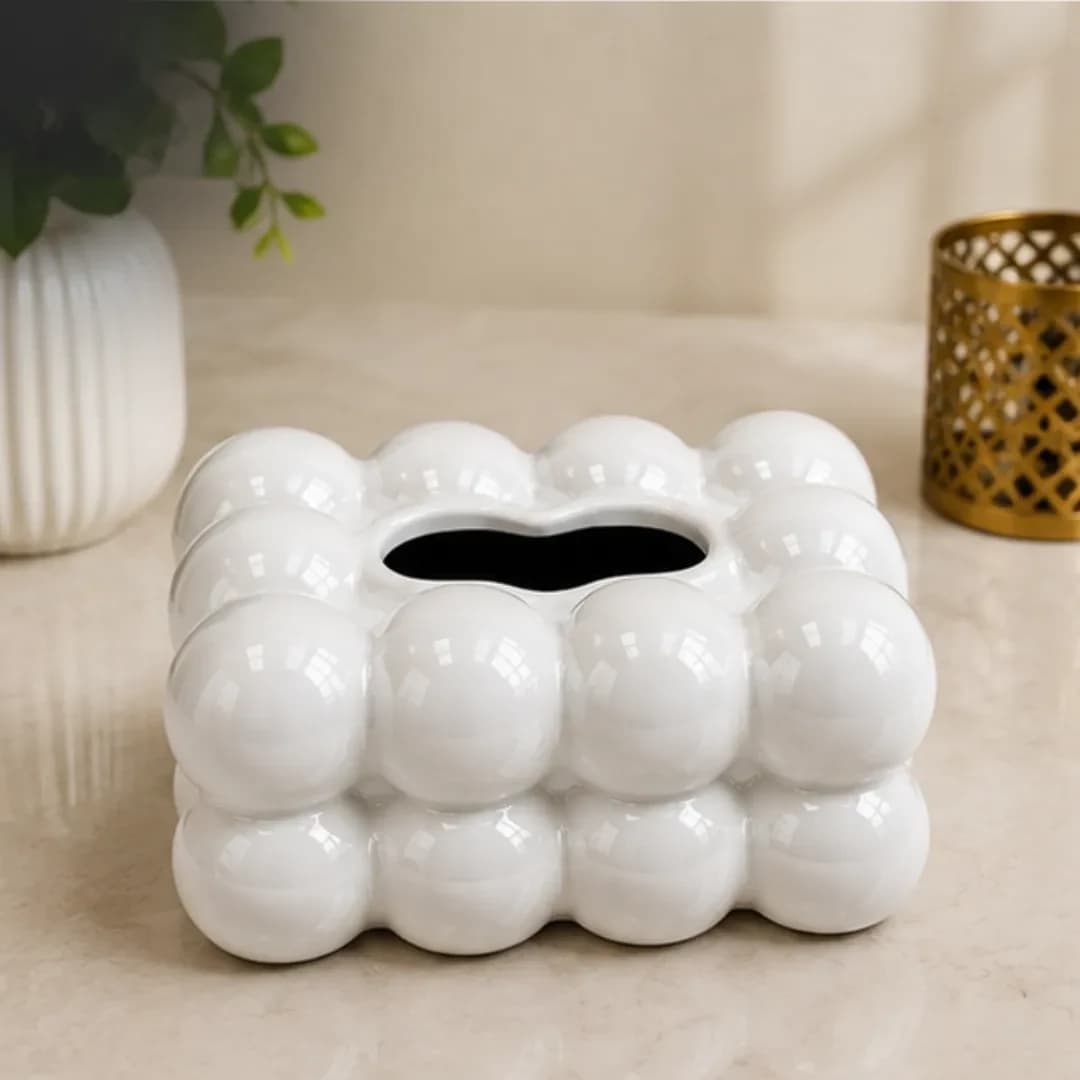 Boite a Mouchoirs Céramique Bulles Blanche — Décoration