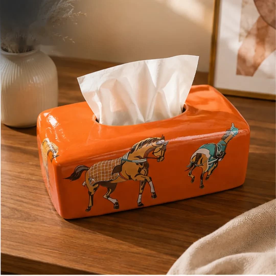 Boîte à Mouchoirs Céramique Hermès Orange — Chevaux en Course — Standard