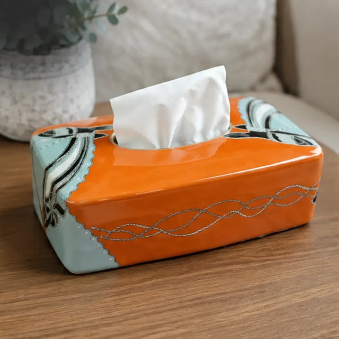 Boîte à Mouchoirs Céramique Hermès Orange & Turquoise — Standard