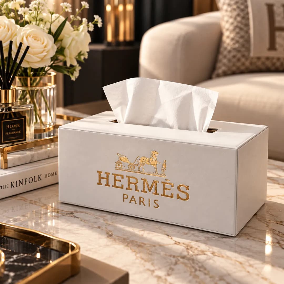Boite a Mouchoirs Cuir Hermès Paris Blanche & Or — Blanc & Or