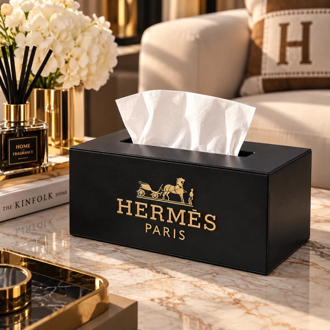 Boite a Mouchoirs Cuir Hermès Paris Noire & Or — Noir & Or