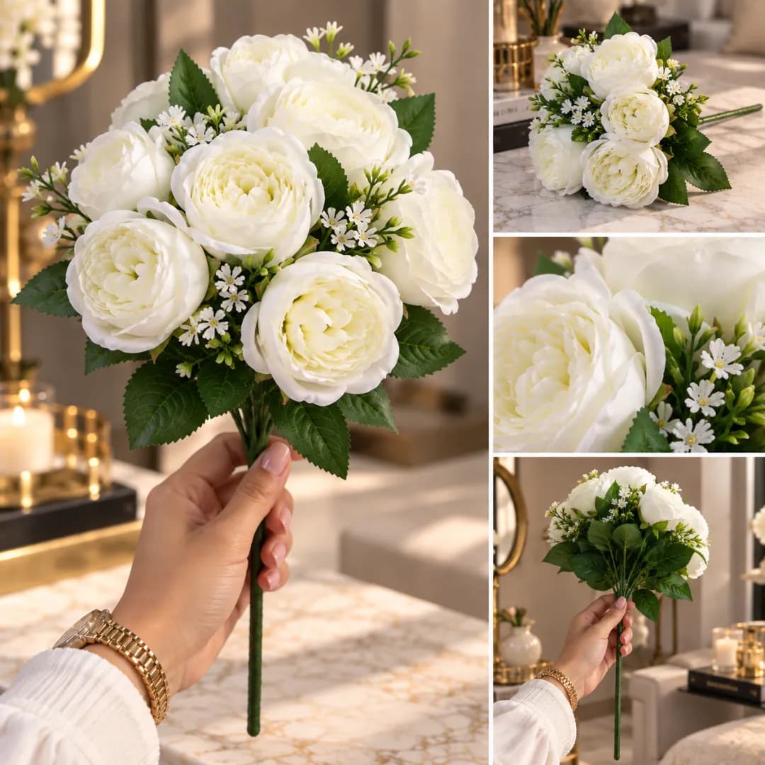 Bouquet de Roses Blanches & Gypsophile Artificiels — Blanc
