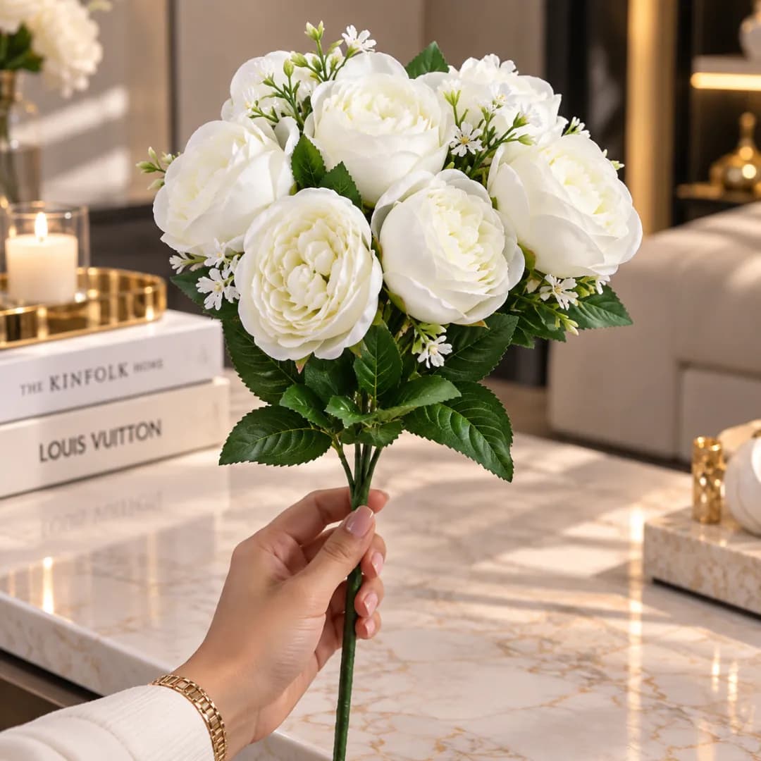 Bouquet de Roses Blanches & Gypsophile Artificiels — Blanc