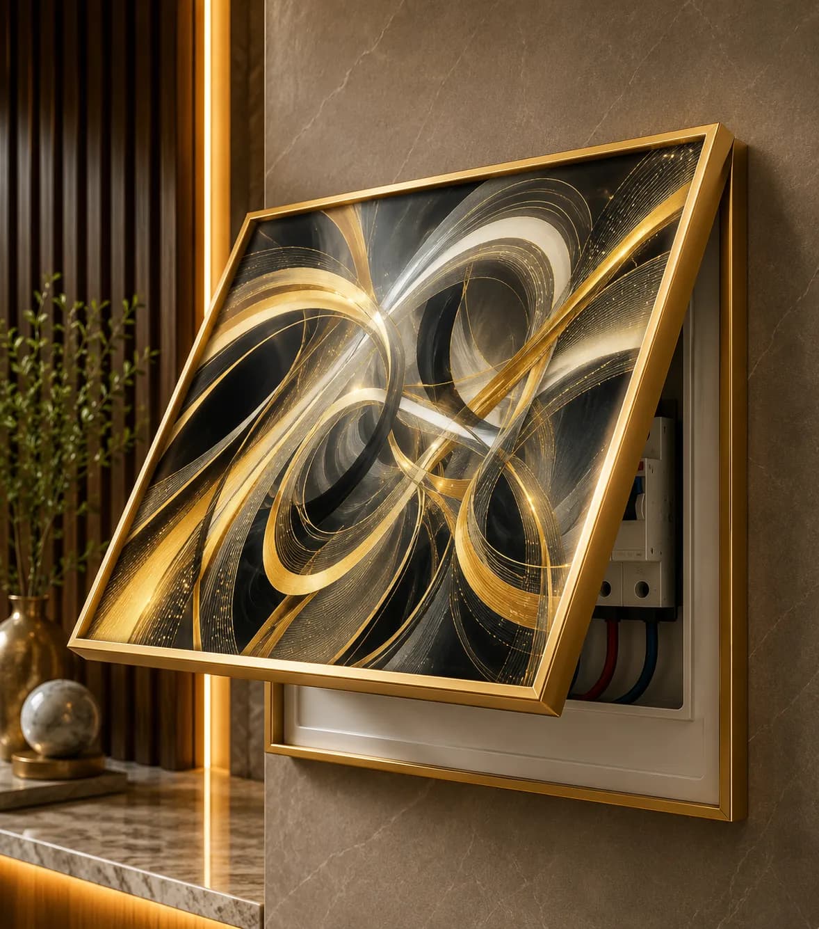 Cache-Disjoncteur 3D Abstrait Tourbillons Noir & Or — 50 x 60 cm — Noir & Or