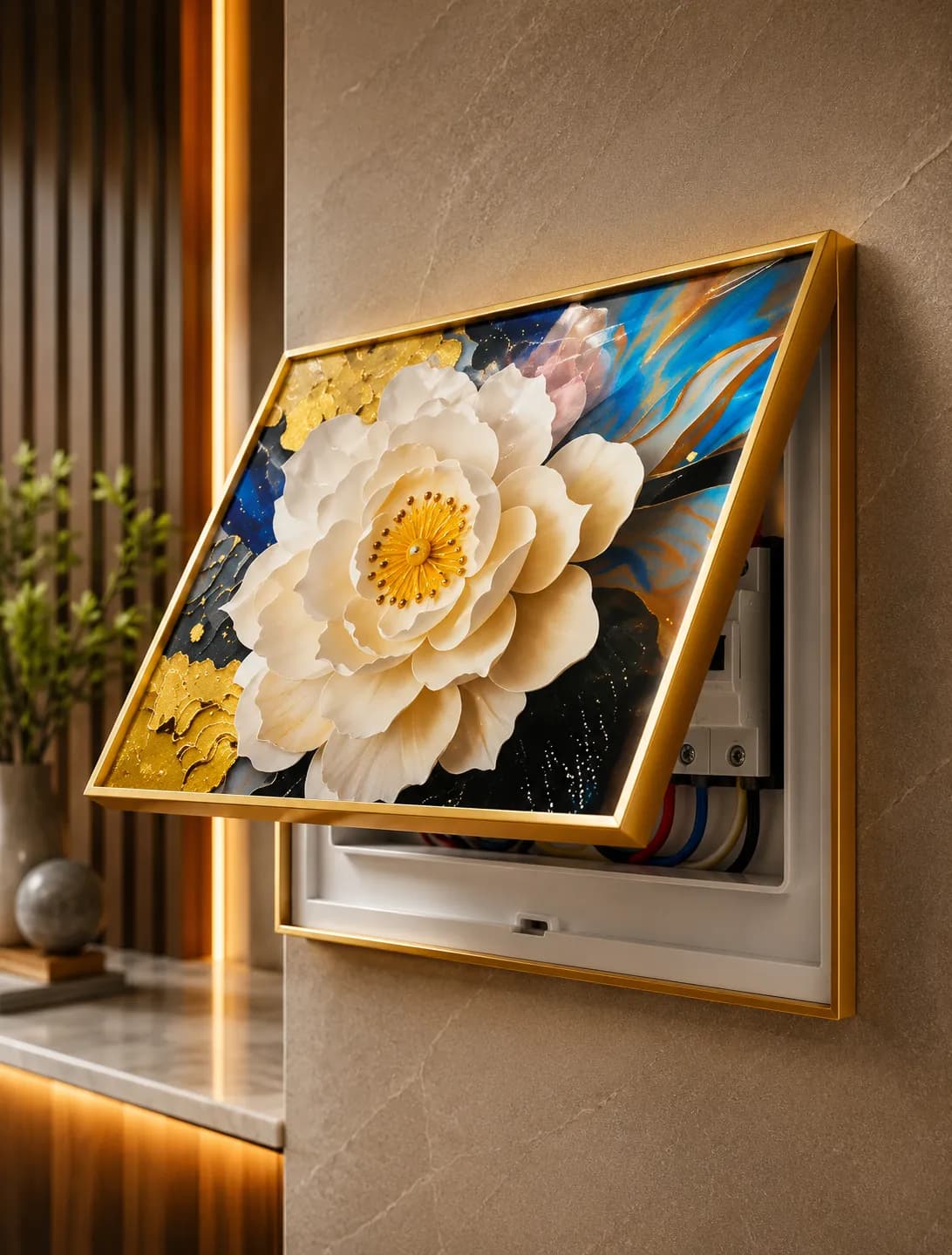 Cache-Disjoncteur 3D Fleur Blanche Fond Bleu Nuit & Or — 40 x 50 cm — Bleu & Or