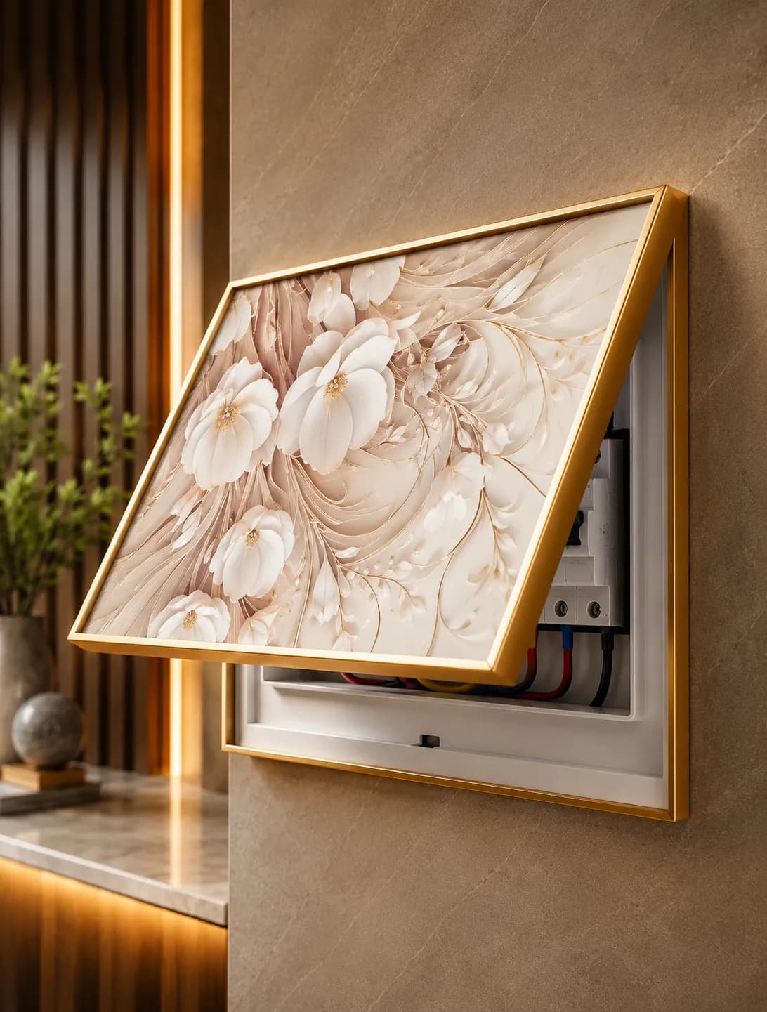 Cache-Disjoncteur 3D Fleurs Beiges Dorées Éthérées — 35 x 45 cm — Beige & Or