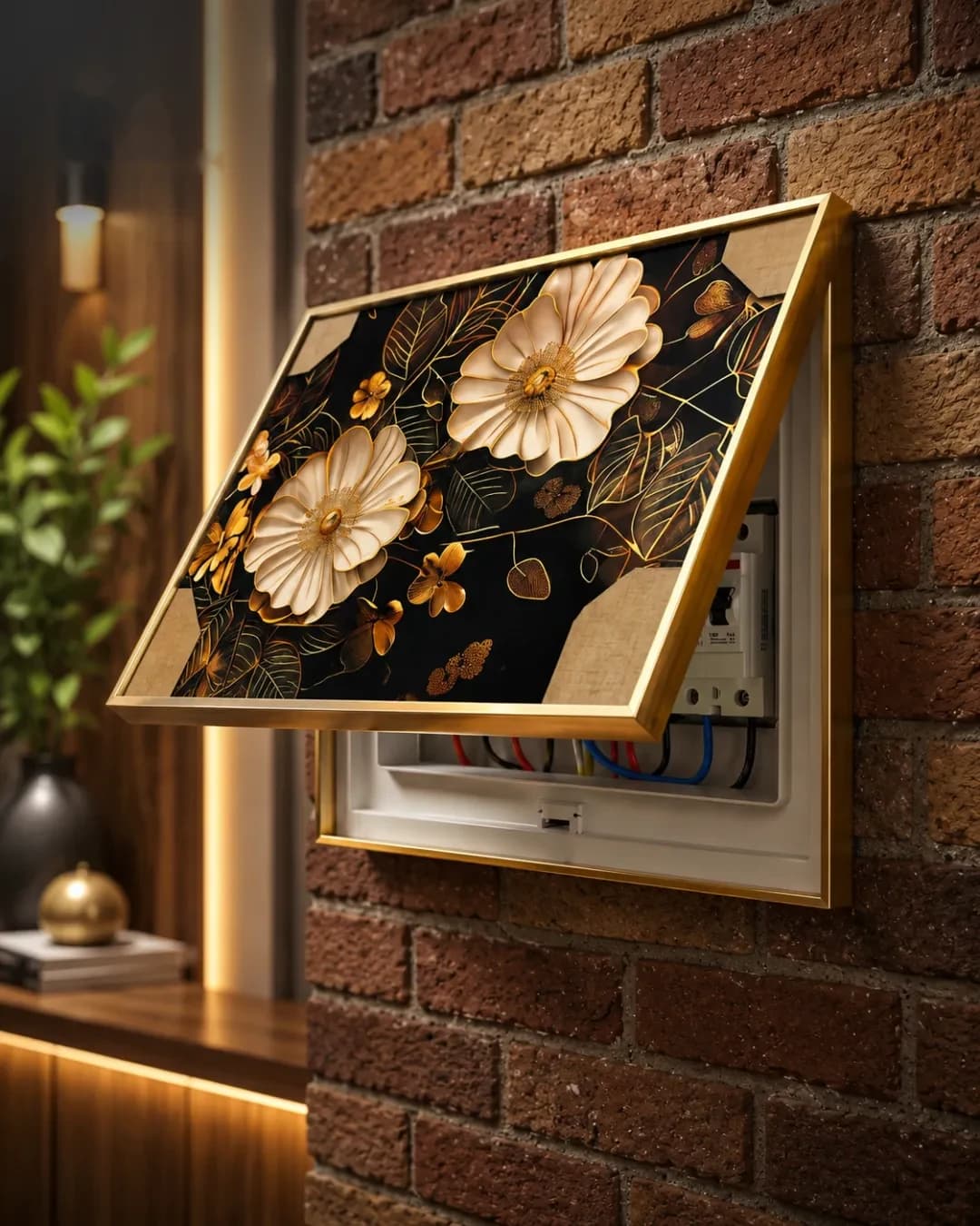 Cache-Disjoncteur 3D Fleurs Ivoire Fond Noir & Or — 40 x 50 cm — Noir & Or
