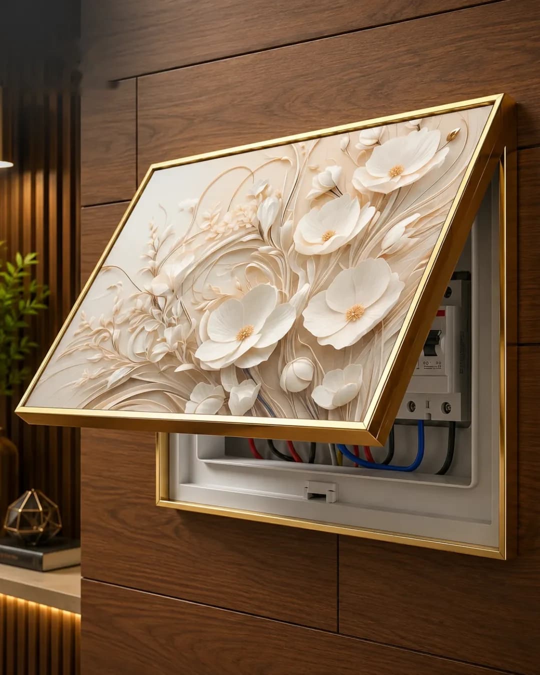 Cache-Disjoncteur 3D Fleurs Ivoire Relief Beige — 35 x 45 cm — Ivoire