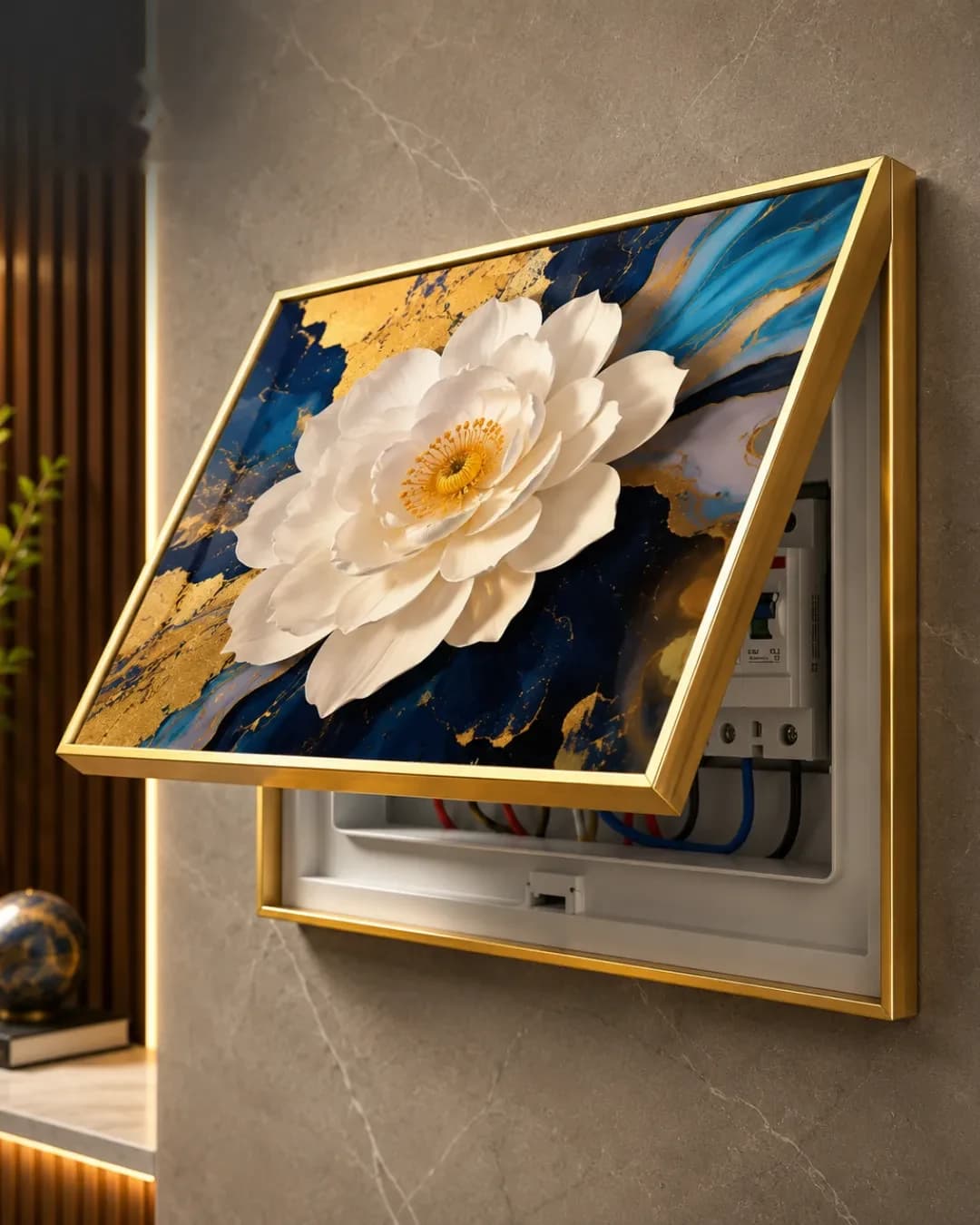 Cache-Disjoncteur 3D Lotus Blanc Marbre Bleu & Or — 35 x 45 cm — Bleu & Or