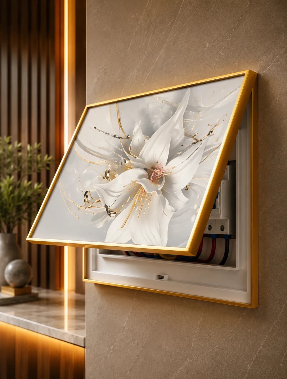 Cache-Disjoncteur 3D Lys Blanc Éclats Or & Argent — 35 x 45 cm — Blanc & Argent