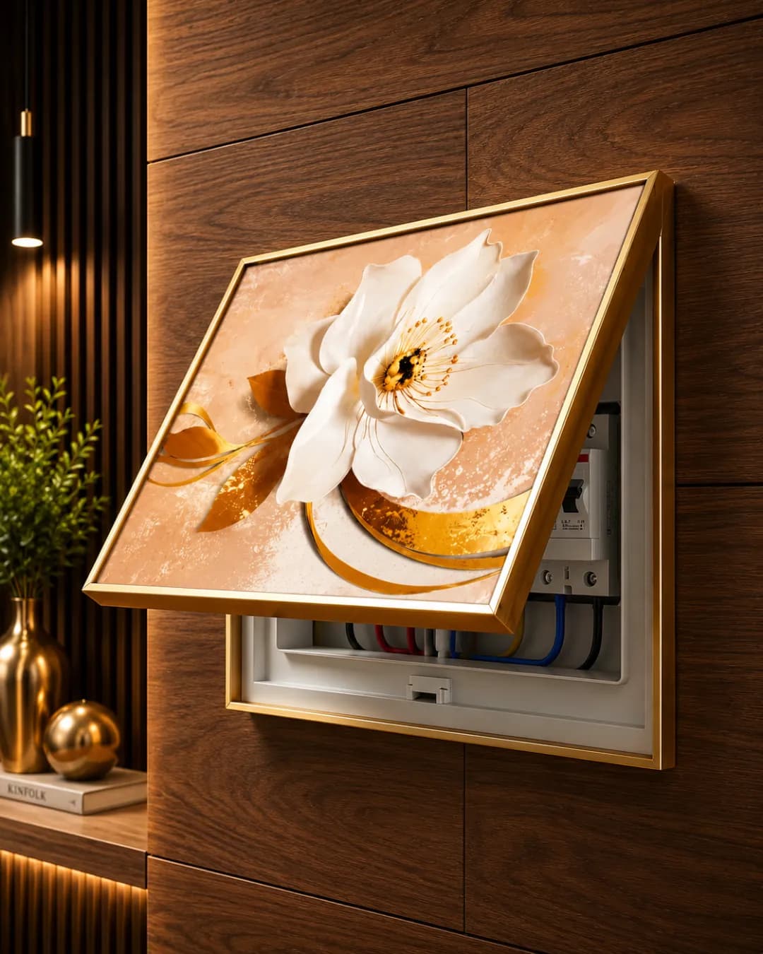 Cache-Disjoncteur 3D Magnolia Blanc Fond Pêche & Or — 40 x 50 cm — Pêche & Or