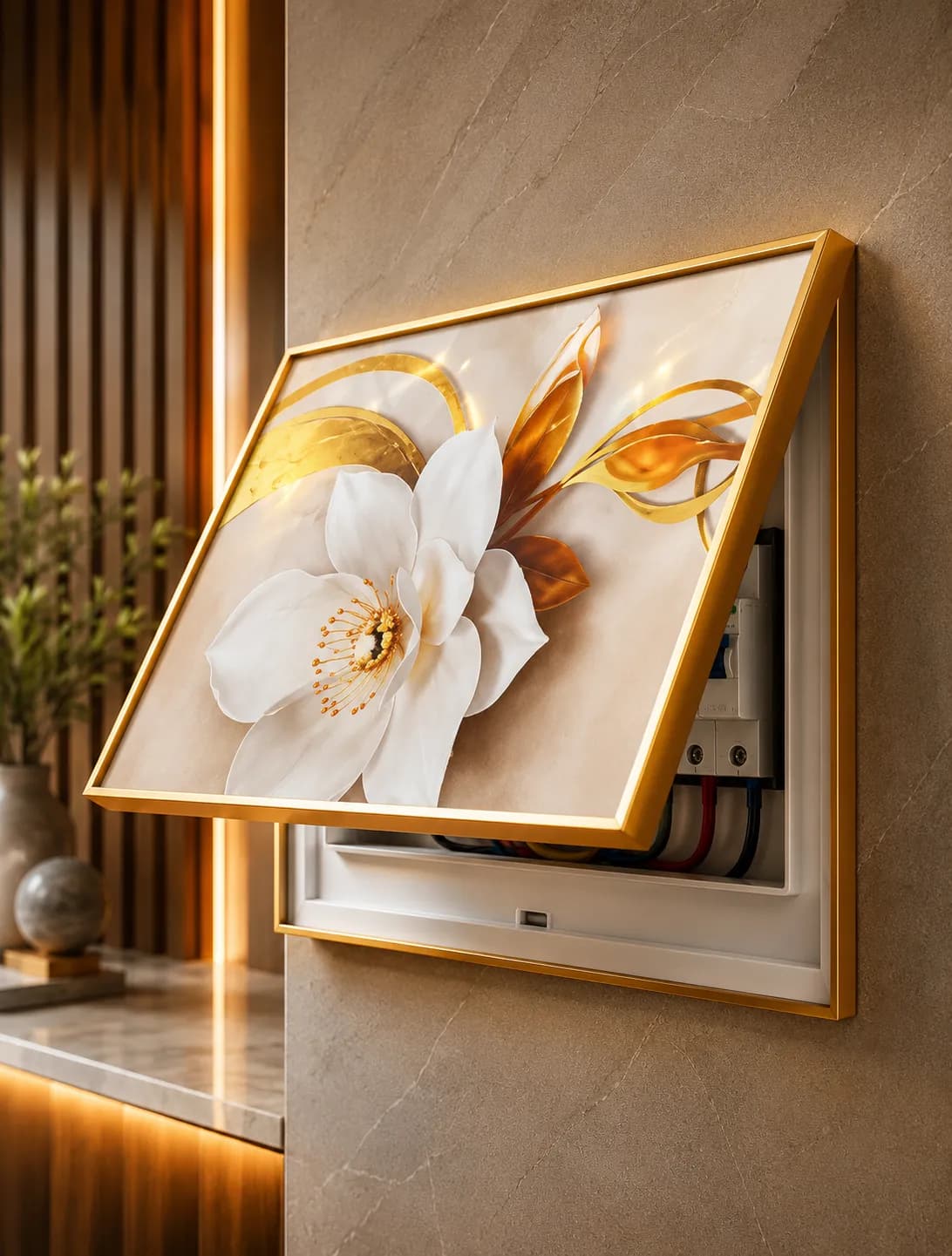 Cache-Disjoncteur 3D Magnolia Blanc & Or — 35 x 45 cm — Blanc & Or