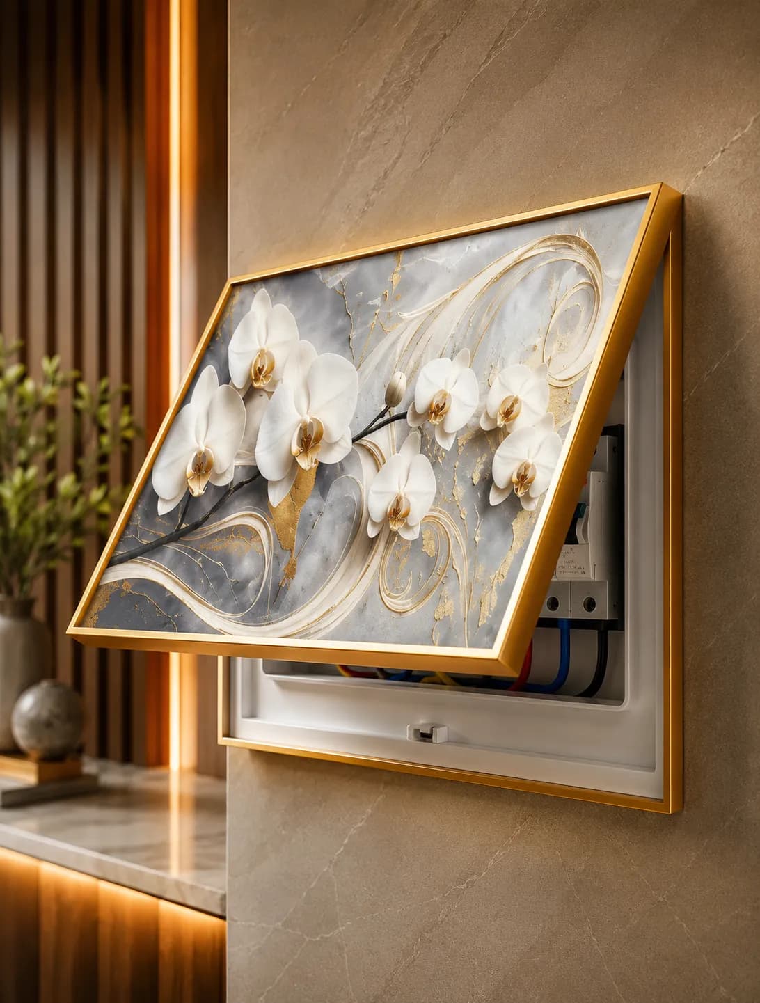 Cache-Disjoncteur 3D Orchidées Blanches Marbre Gris & Or — 35 x 45 cm