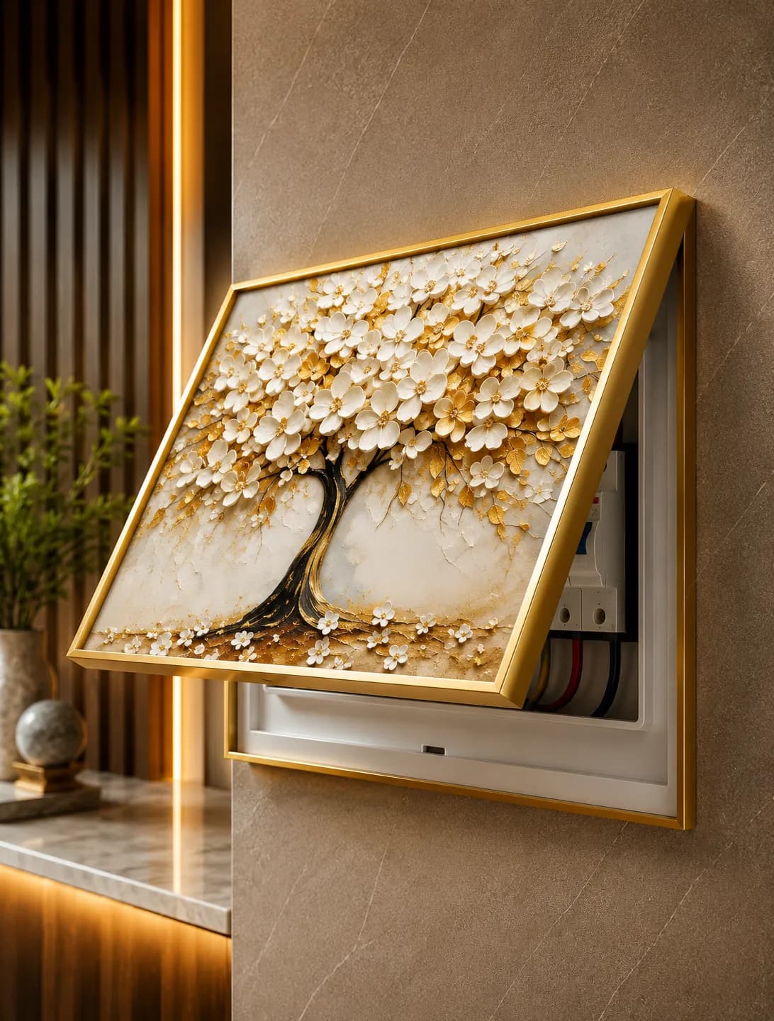 Cache-Disjoncteur Arbre Fleuri Blanc & Or — 35 cm largeur x 45 cm hauteur
