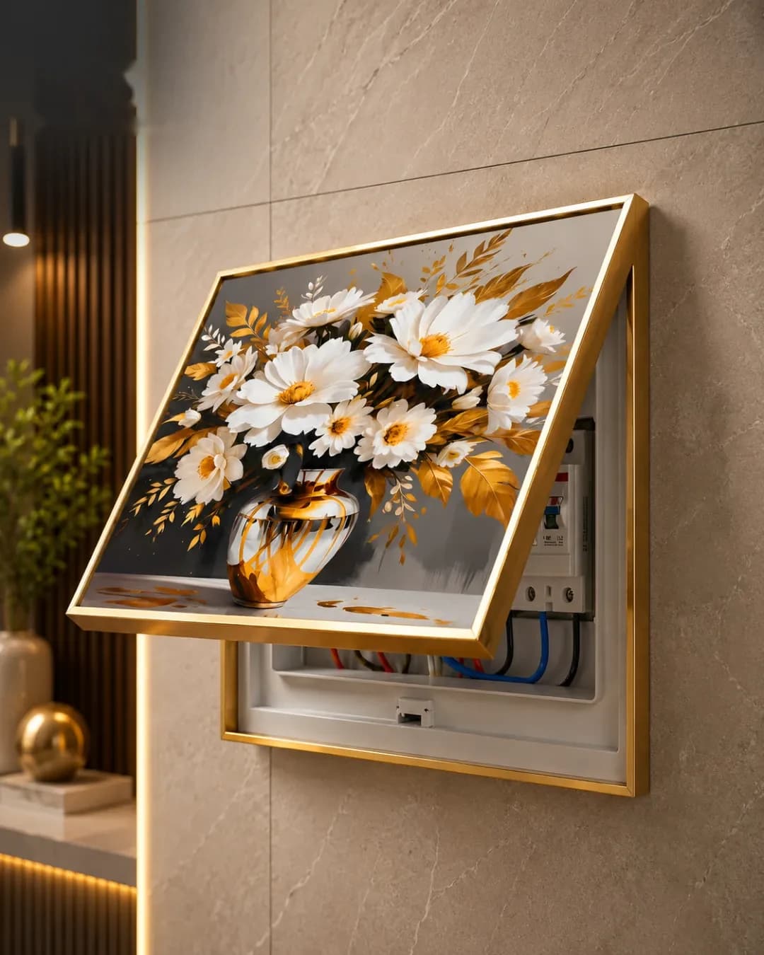 Cache-Disjoncteur Bouquet Fleurs Blanches & Or — 40 cm largeur x 50 cm hauteur — Blanc & Or
