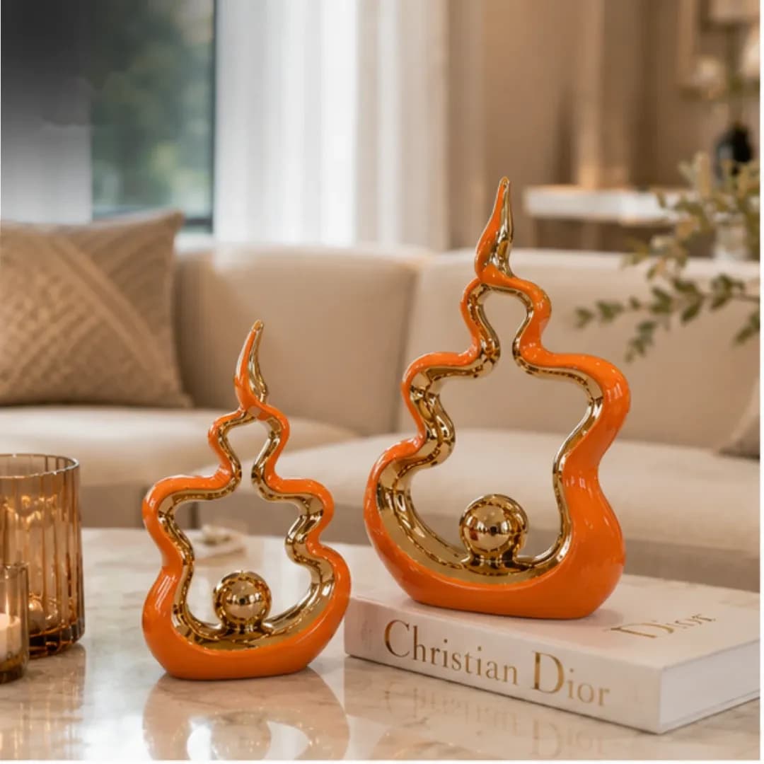 Duo Grandes Sculptures Flamme Céramique Orange & Or — Standard