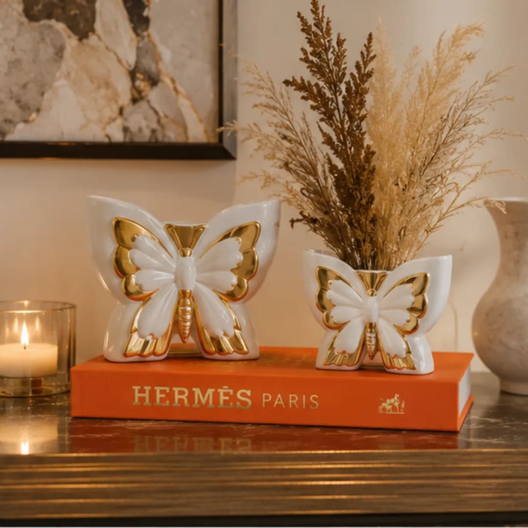 Duo Papillons Décoratifs Céramique Blanc & Or — Petit — Standard