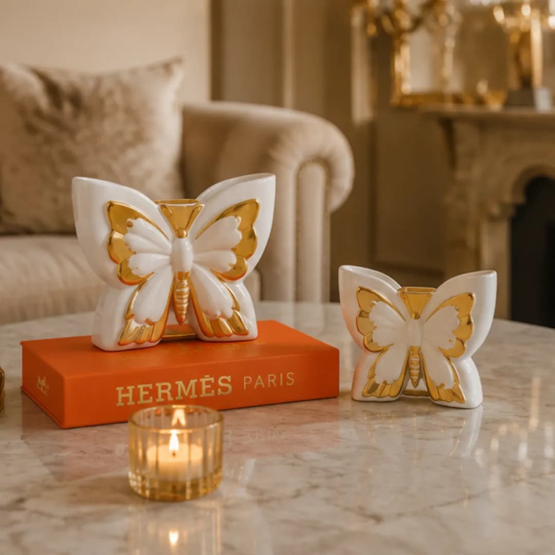 Duo Papillons Décoratifs Céramique Blanc & Or — Petit — Standard