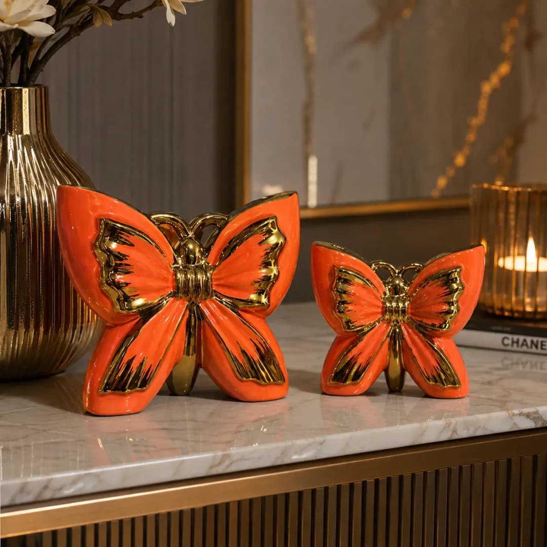 Duo Papillons Décoratifs Céramique Orange & Or — Orange & Or