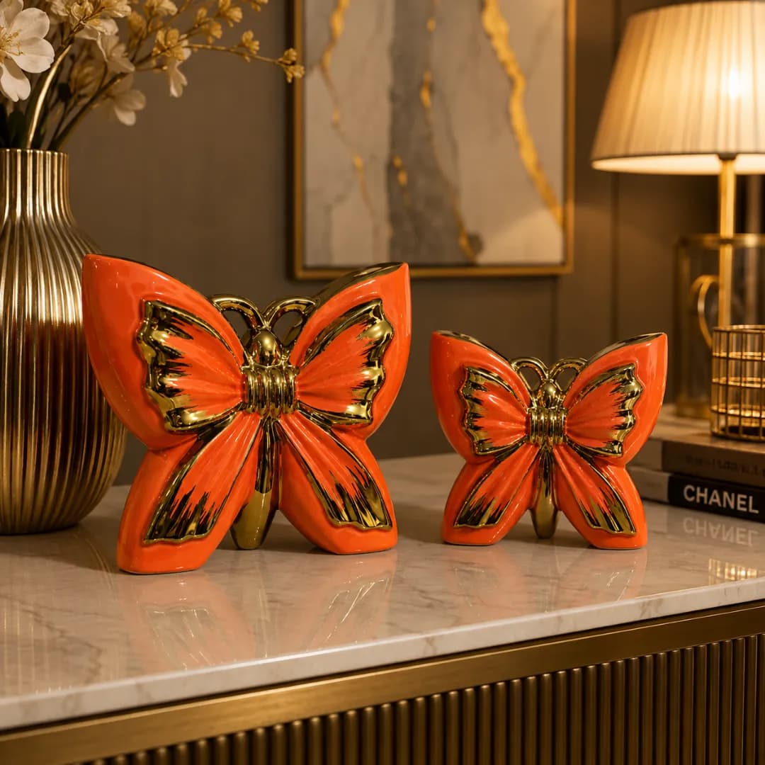 Duo Papillons Décoratifs Céramique Orange & Or — Orange & Or