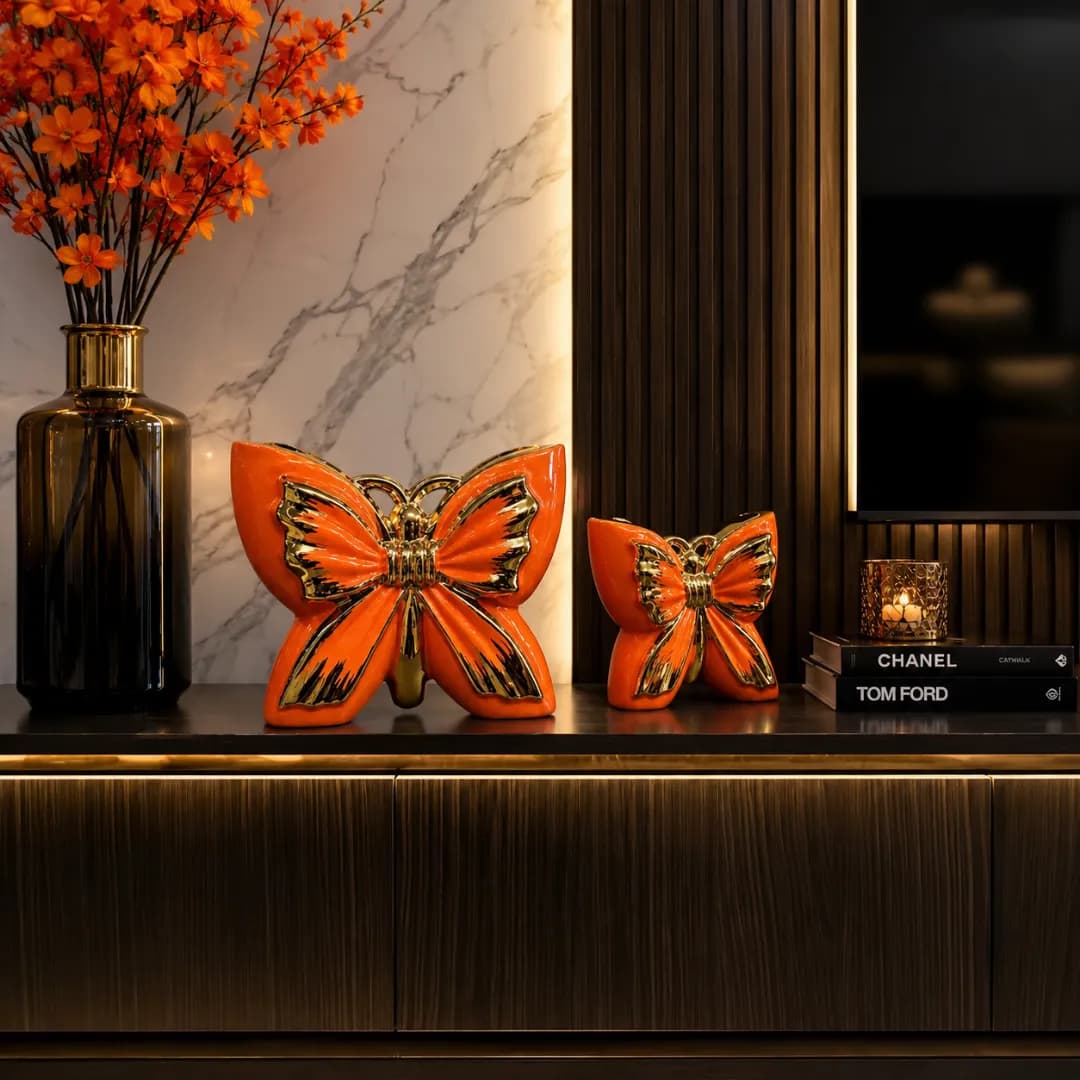 Duo Papillons Décoratifs Céramique Orange & Or — Orange & Or