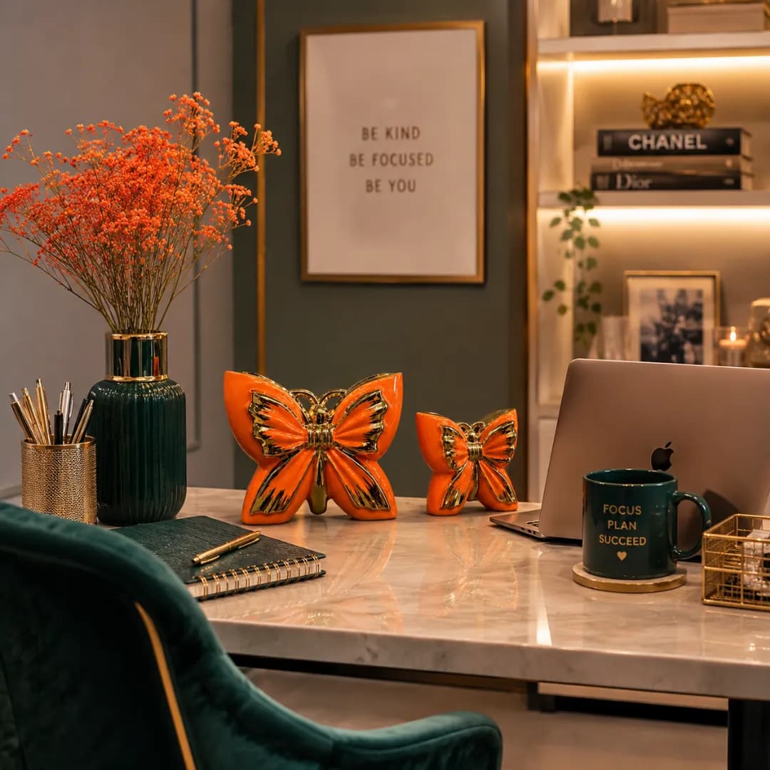 Duo Papillons Décoratifs Céramique Orange & Or — Orange & Or