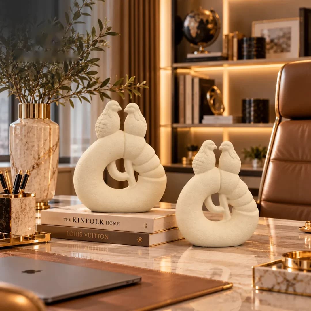 Duo Sculptures Anneau Oiseaux Grès Beige — Vase Décoratif — Beige