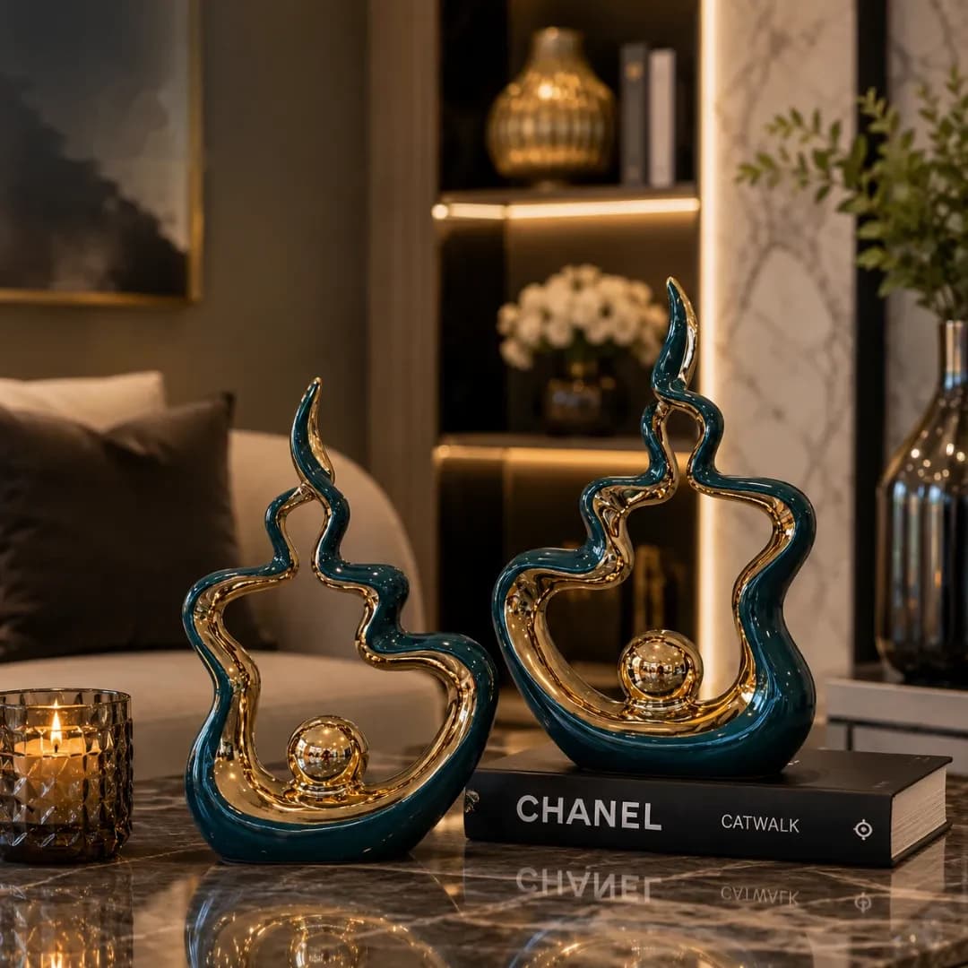 Duo Sculptures Céramique Flamme Or & Bleu Canard — Bleu Canard & Or
