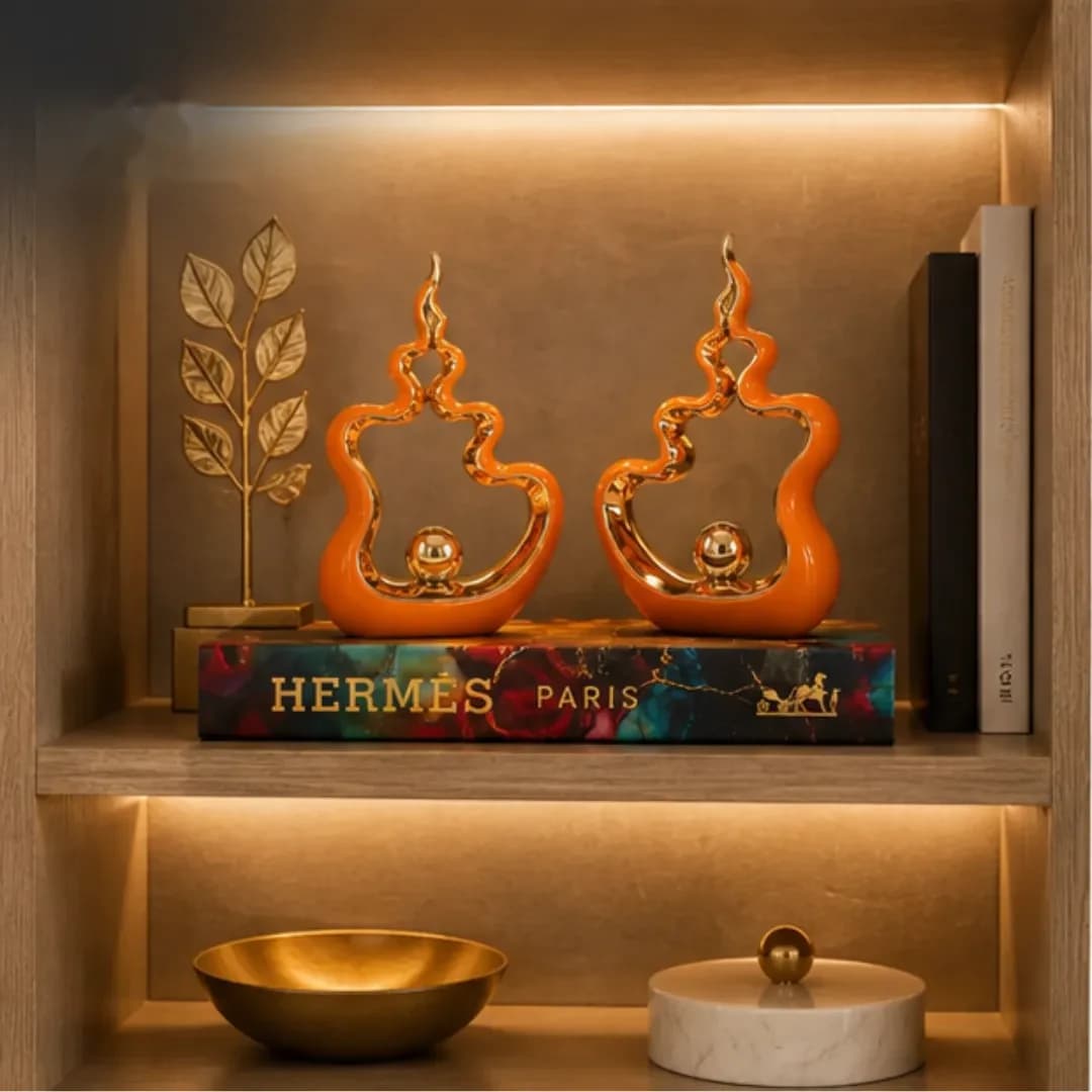 Duo Sculptures Céramique Flamme Orange & Or — Orange & Or