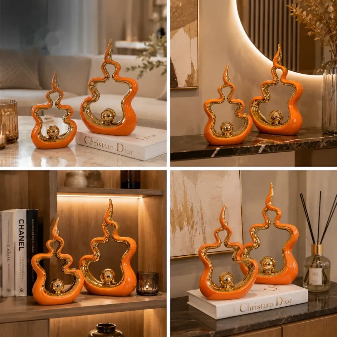 Duo Sculptures Céramique Flamme Orange & Or — Orange & Or