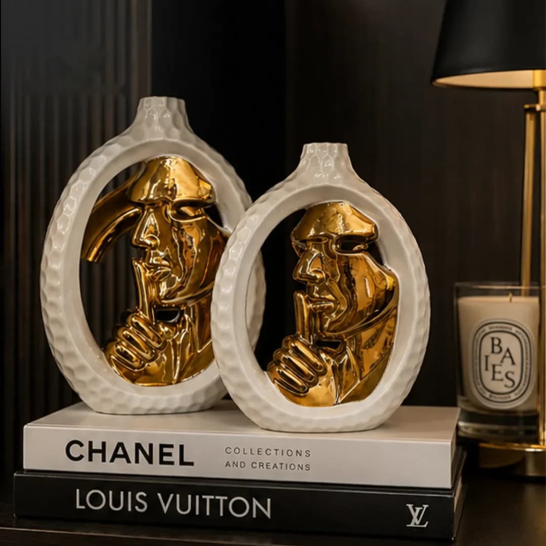 Duo Vases Anneau Céramique Blanc & Or — Visage Sculpté — Grand — Standard