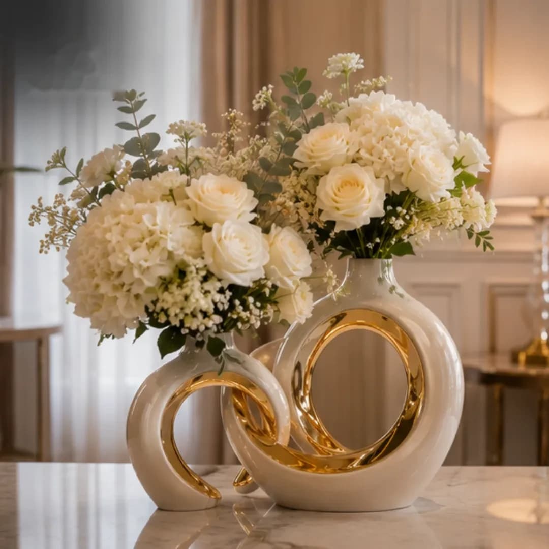 Duo Vases en Céramique Anneaux Entrelacés Dorés — Crème