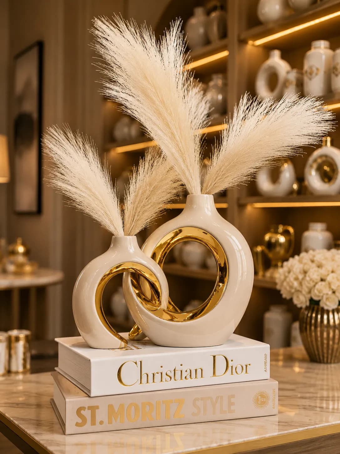 Duo Vases en Céramique Anneaux Entrelacés Dorés — Crème