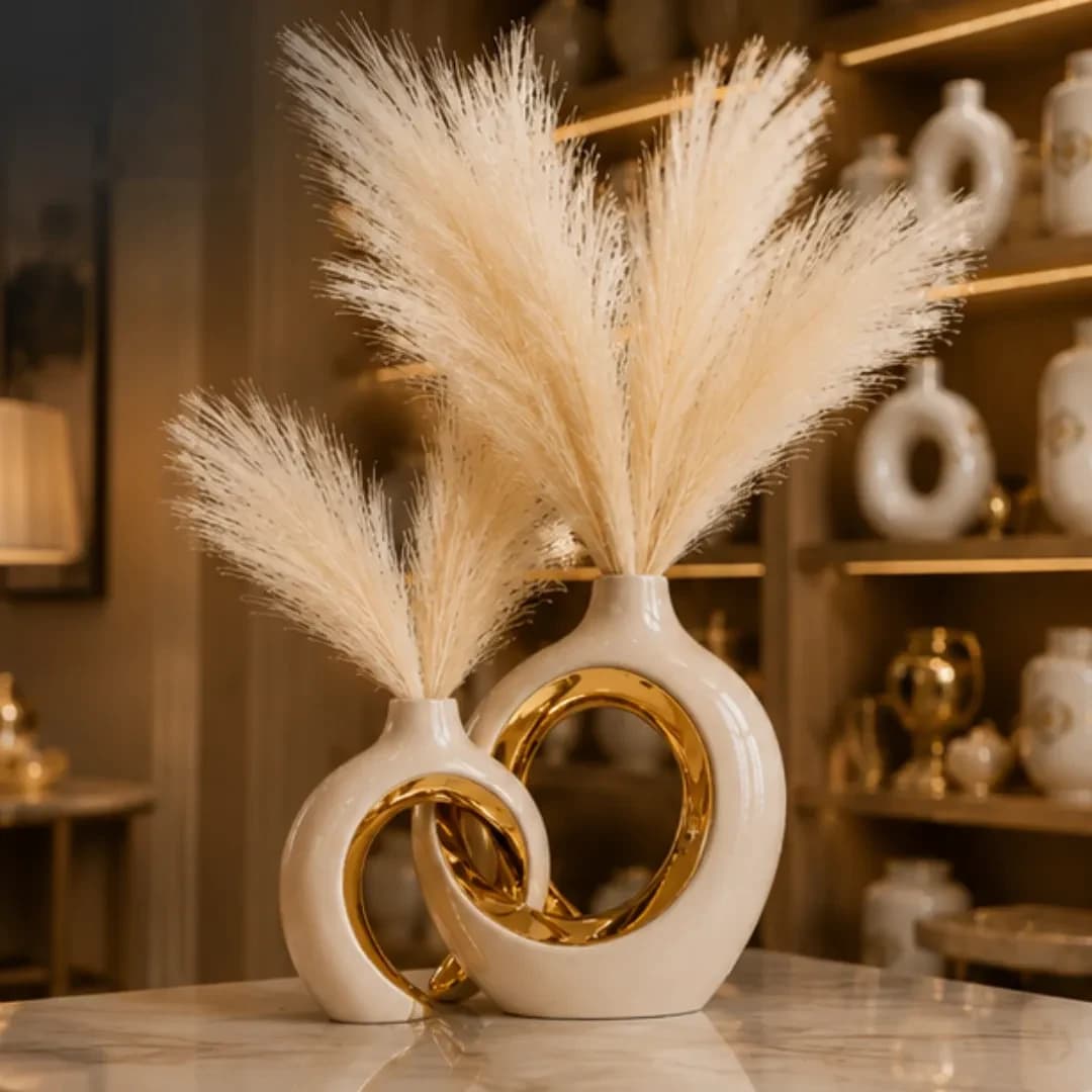 Duo Vases en Céramique Anneaux Entrelacés Dorés — Crème