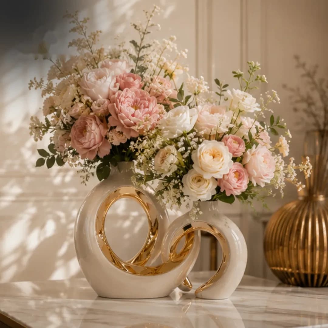 Duo Vases en Céramique Anneaux Entrelacés Dorés — Crème