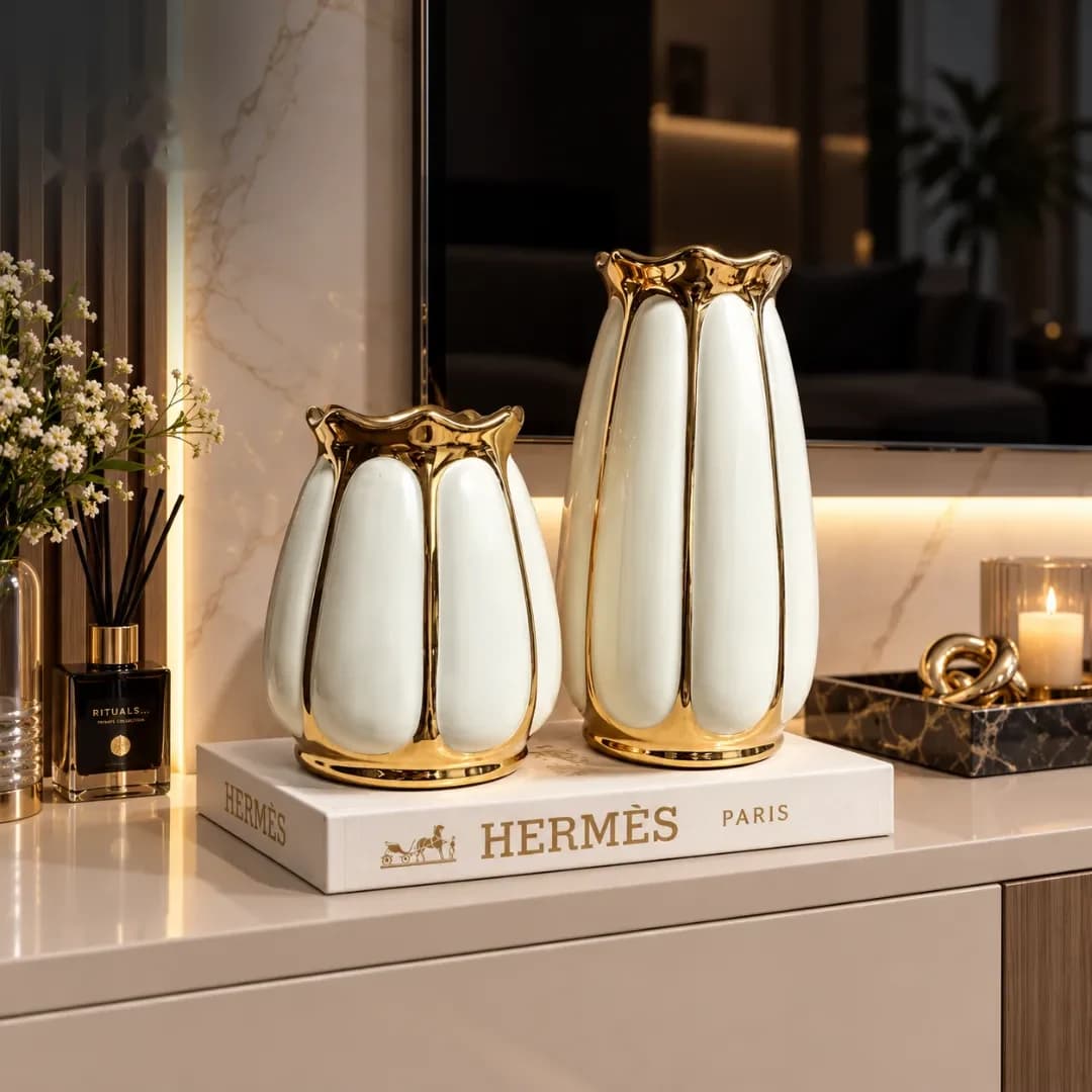 Duo Vases Céramique Cannelées Or — Blanc & Or