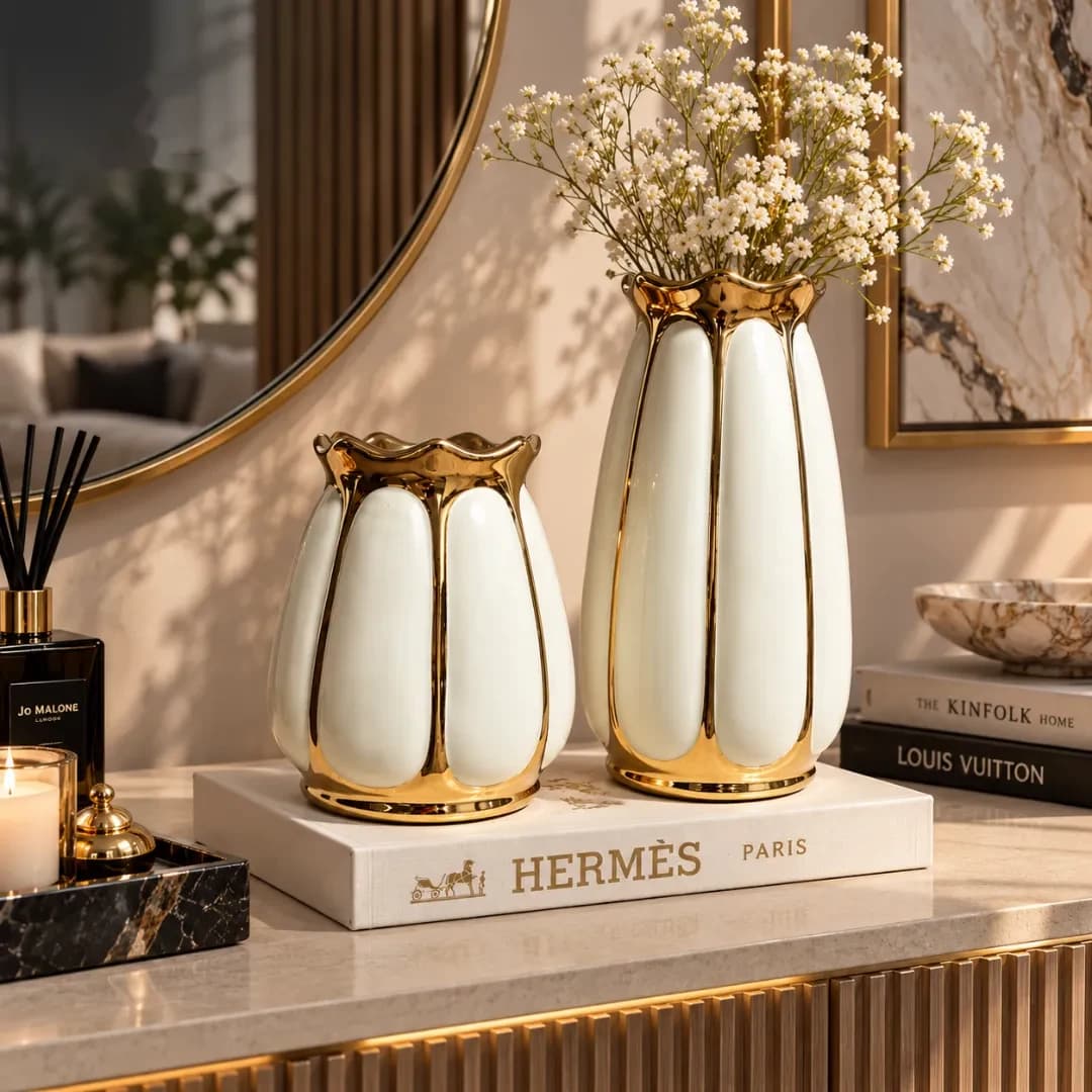 Duo Vases Céramique Cannelées Or — Blanc & Or