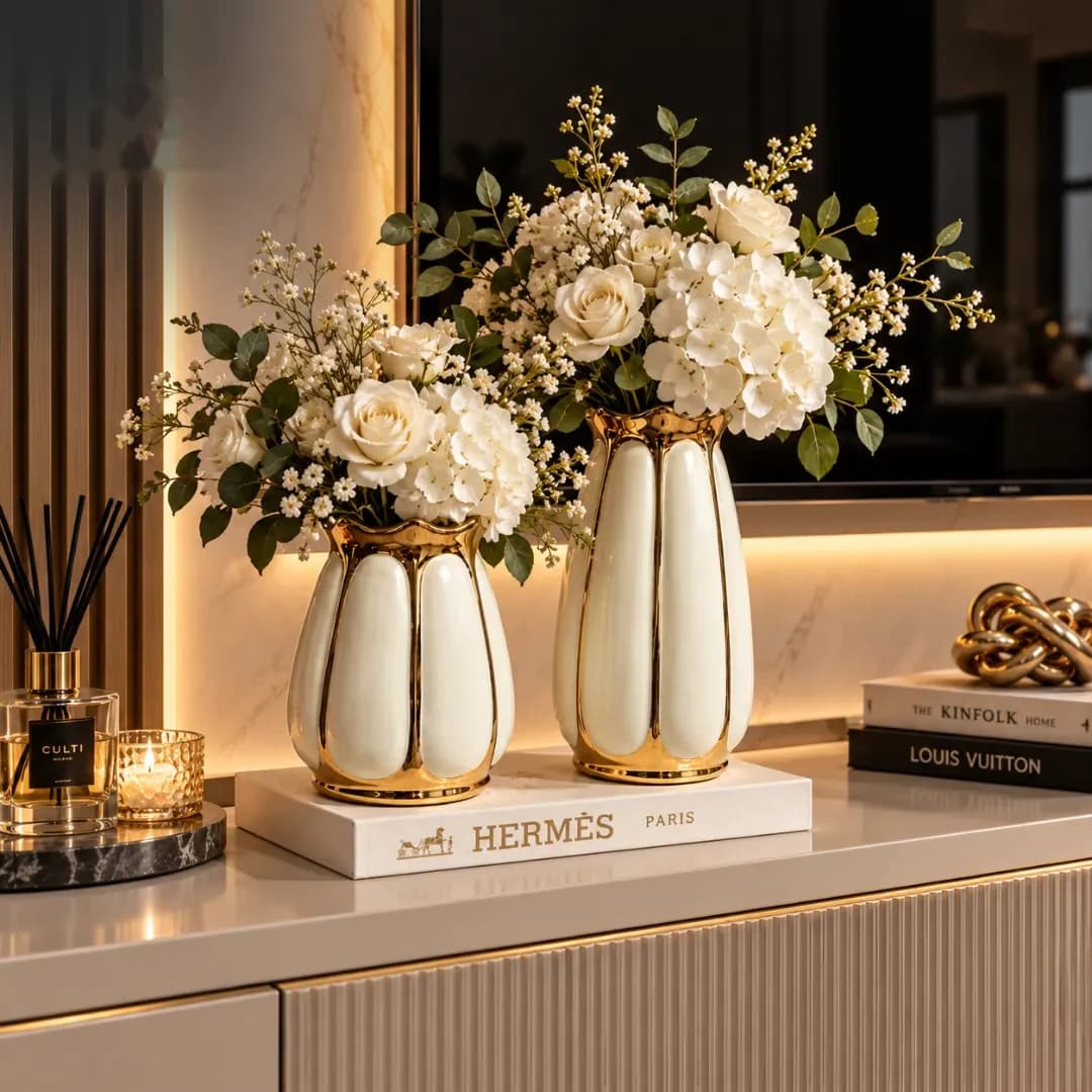 Duo Vases Céramique Cannelées Or — Blanc & Or