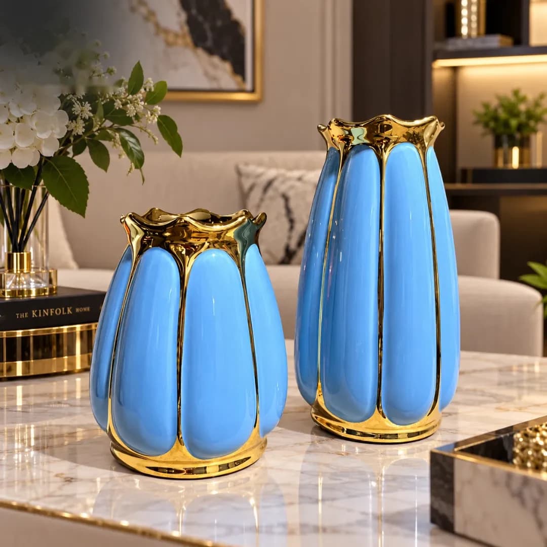 Duo Vases Céramique Cannelées Or — Blanc & Or