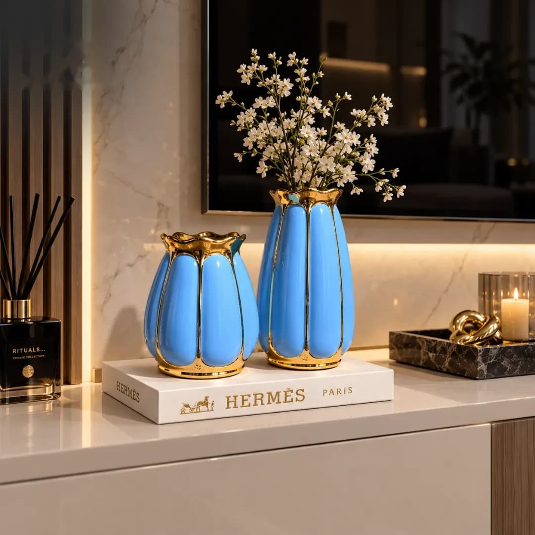 Duo Vases Céramique Cannelées Or — Blanc & Or