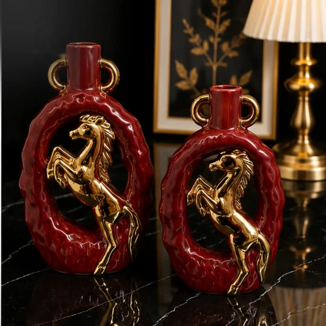 Duo Vases Cheval Céramique Bordeaux & Or — Petit — Standard