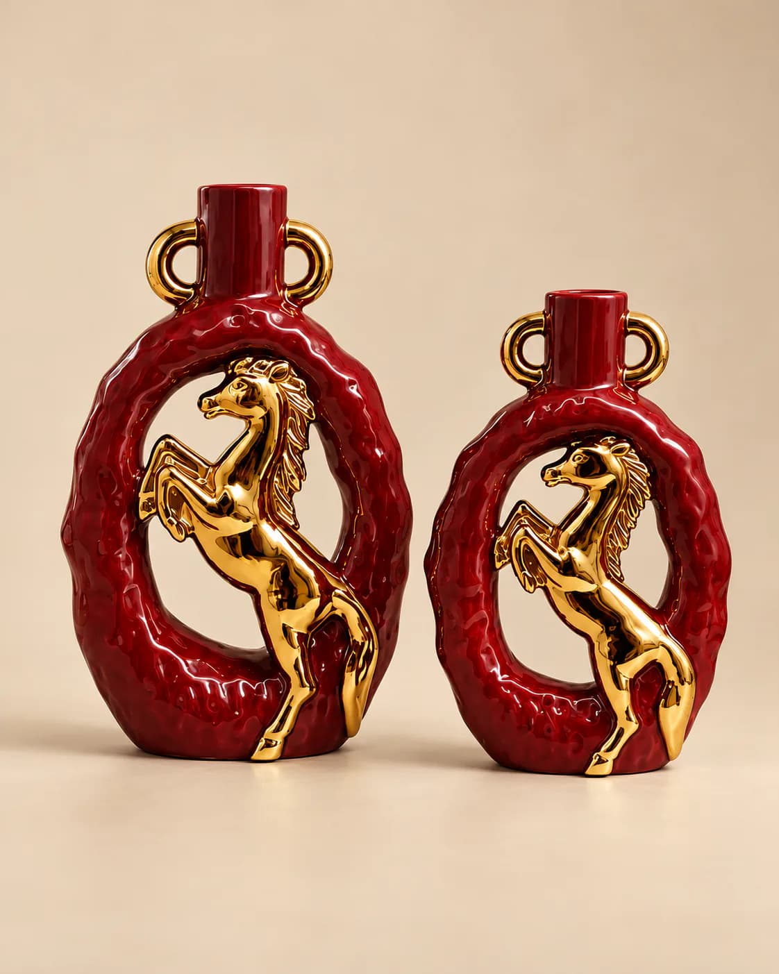 Duo Vases Cheval Céramique Bordeaux & Or