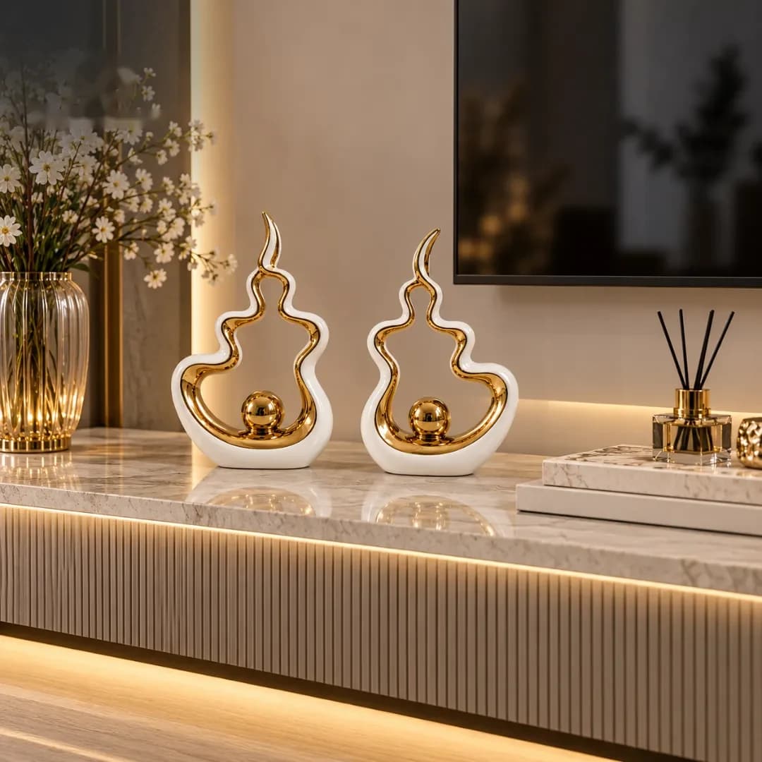 Duo Sculptures Céramique Flamme Blanc & Or — Le Pack Complet — Blanc & Or