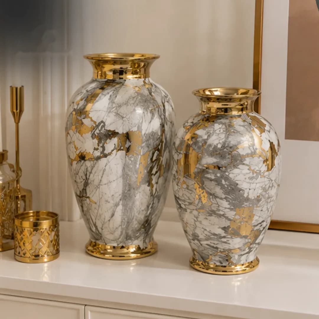 Duo Vases en Verre Fumé Rainuré Bordure Or — Grand — Standard