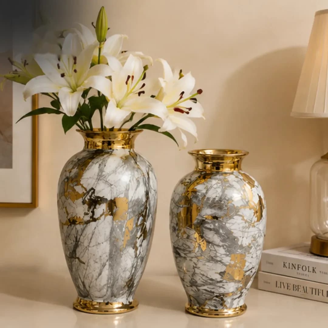 Duo Vases en Verre Fumé Rainuré Bordure Or — Grand — Standard